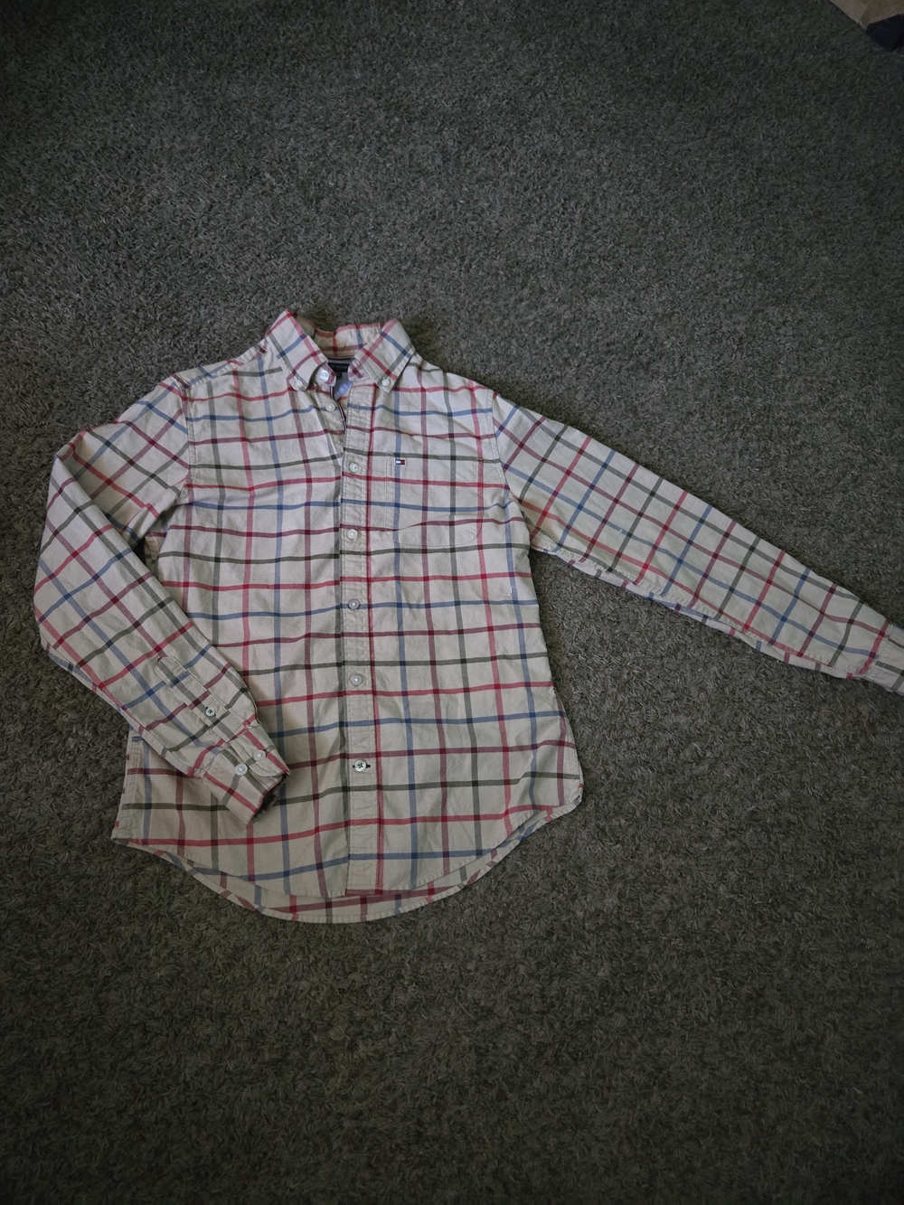 Tommy Hilfiger Cream Button-Down Shirt with Red & Blue Plaid
